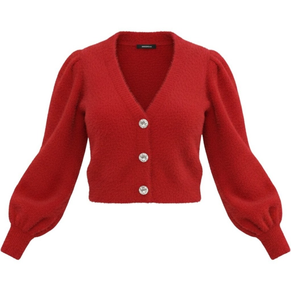 For Love & Lemons Red Fuzzy Cropped Cardigan Puff Sleeve Rhinestone Button Small